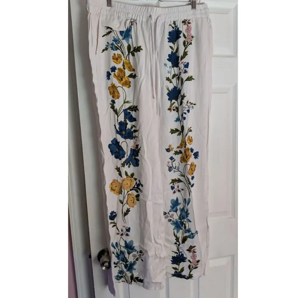 By Anthropologie Printed Pull-On Floral White Pants Size XL NWT